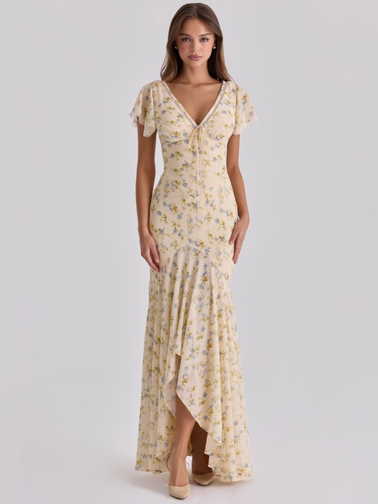 House of CB Dresses & Skirts - House of CB AMINA Lemon Floral Print Georgette Maxi Tea Dress NWOT